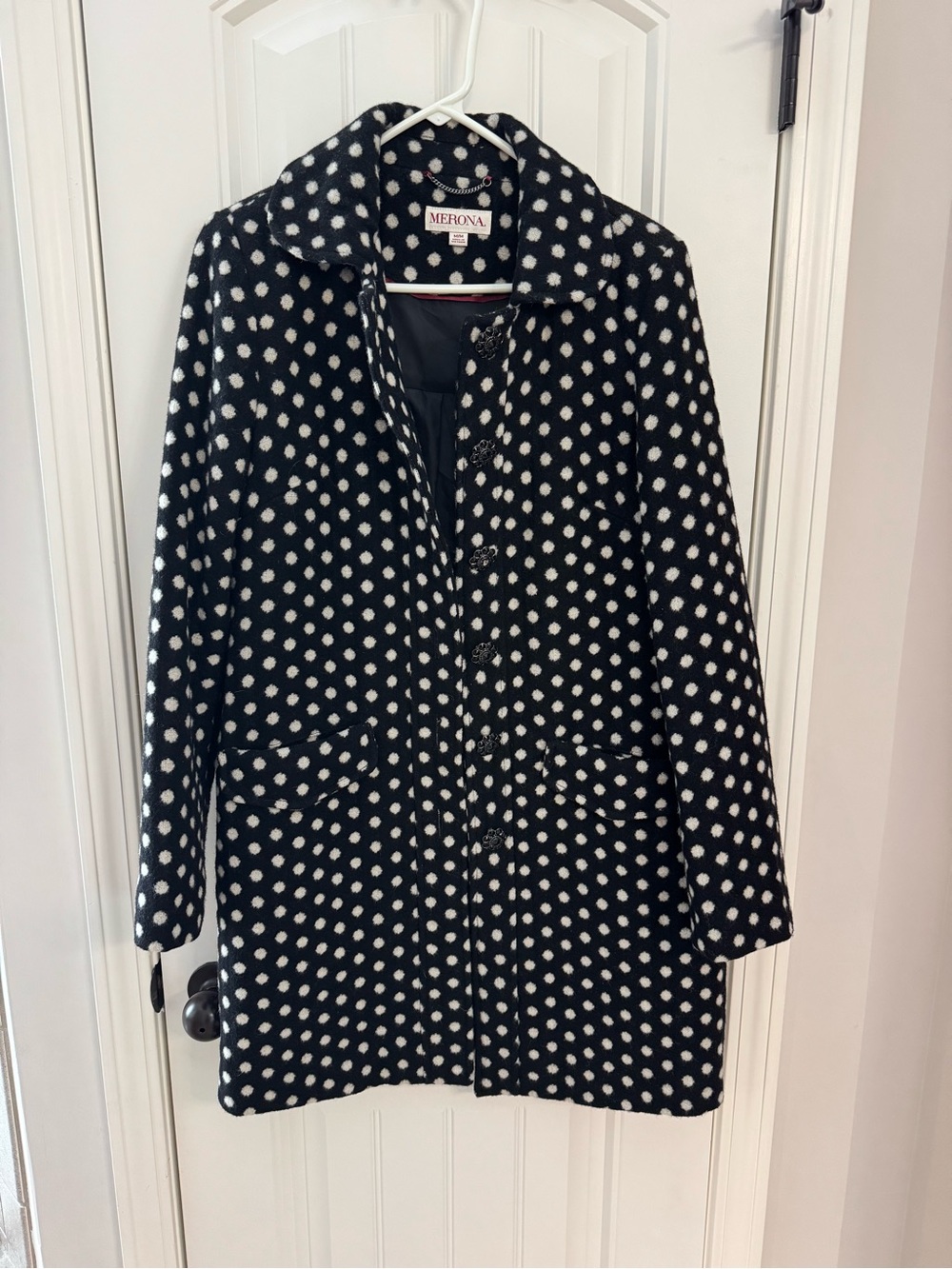 Merona Black and White Polka Dot Wool-Blend Coat